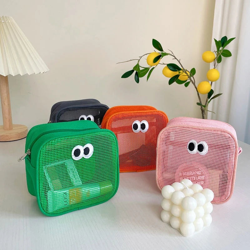 New Candy Color Mesh Cosmetic Bag Cute Big Eyes Make up Case Kawaii Makeup Pouch Makeup Case Portable Toiletry Storage Bag