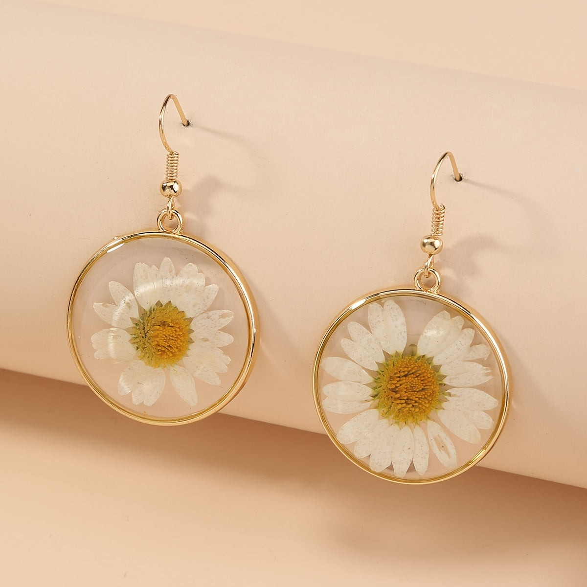 Daisy Flower Resin Drop Earrings - Drop & Dangle Earrings with Pressed Flower Design, Round Circle Hook, Fashion Jewelry for Women, Beautiful Floral Accessories