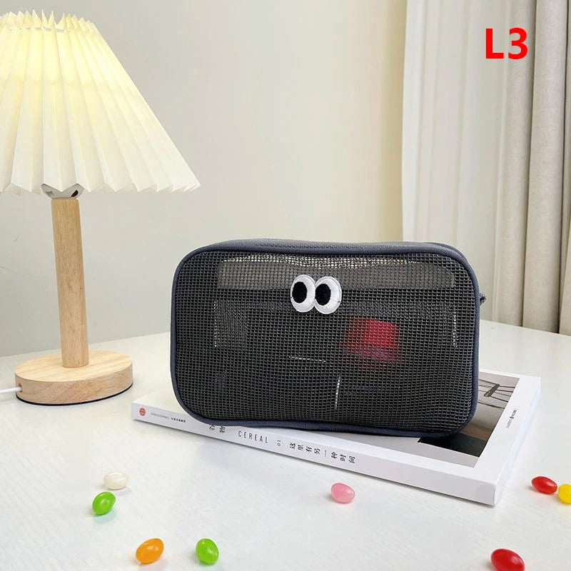 New Candy Color Mesh Cosmetic Bag Cute Big Eyes Make up Case Kawaii Makeup Pouch Makeup Case Portable Toiletry Storage Bag