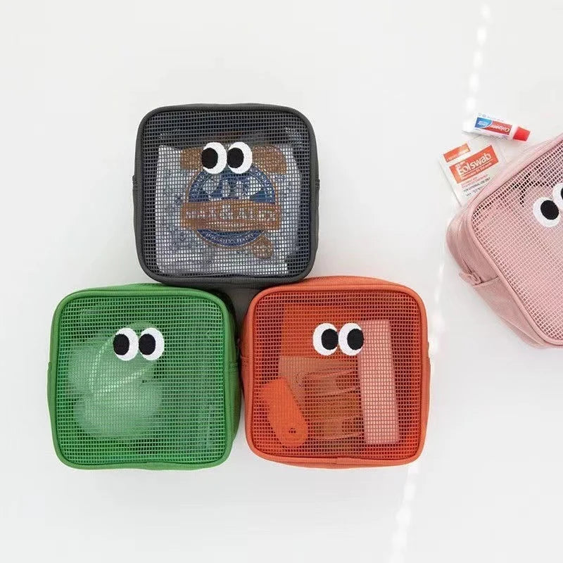 New Candy Color Mesh Cosmetic Bag Cute Big Eyes Make up Case Kawaii Makeup Pouch Makeup Case Portable Toiletry Storage Bag