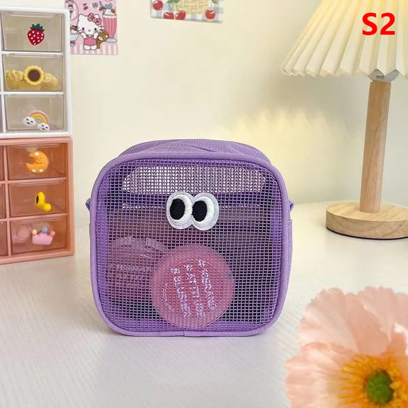 New Candy Color Mesh Cosmetic Bag Cute Big Eyes Make up Case Kawaii Makeup Pouch Makeup Case Portable Toiletry Storage Bag