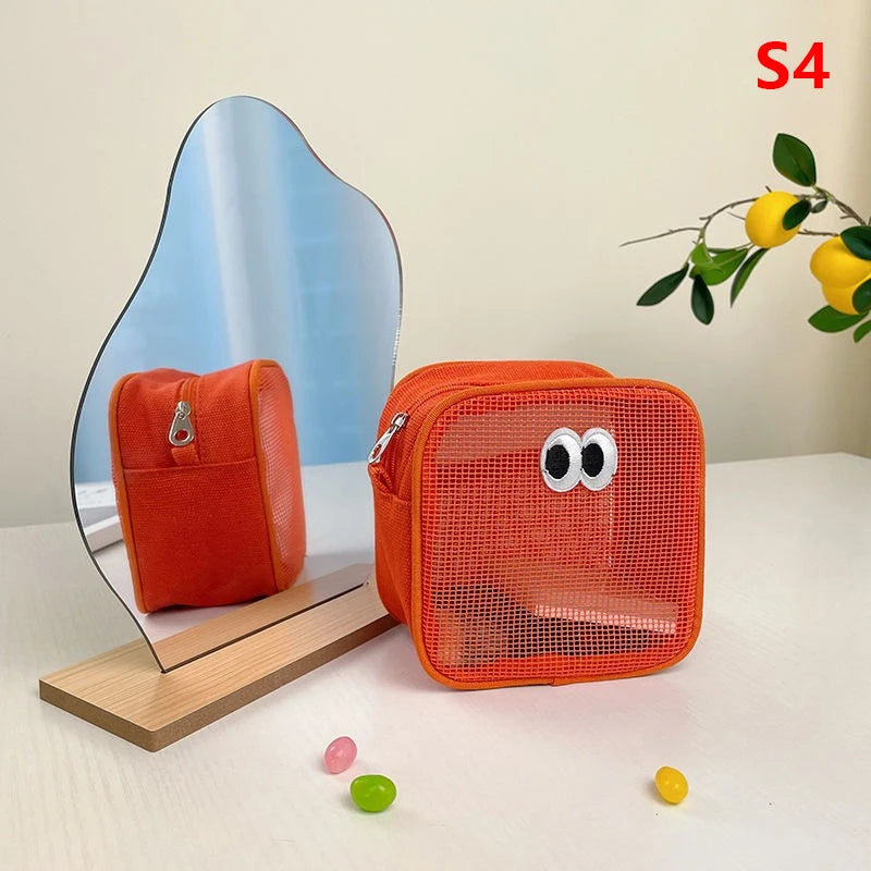 New Candy Color Mesh Cosmetic Bag Cute Big Eyes Make up Case Kawaii Makeup Pouch Makeup Case Portable Toiletry Storage Bag