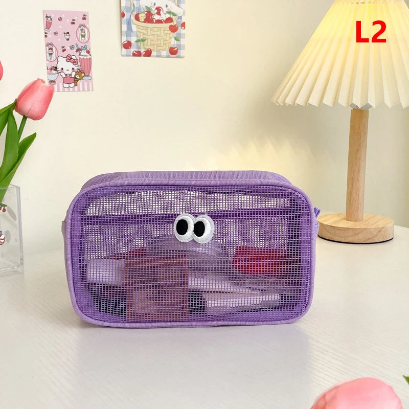 New Candy Color Mesh Cosmetic Bag Cute Big Eyes Make up Case Kawaii Makeup Pouch Makeup Case Portable Toiletry Storage Bag