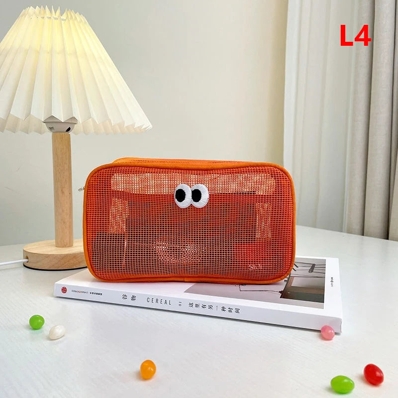 New Candy Color Mesh Cosmetic Bag Cute Big Eyes Make up Case Kawaii Makeup Pouch Makeup Case Portable Toiletry Storage Bag