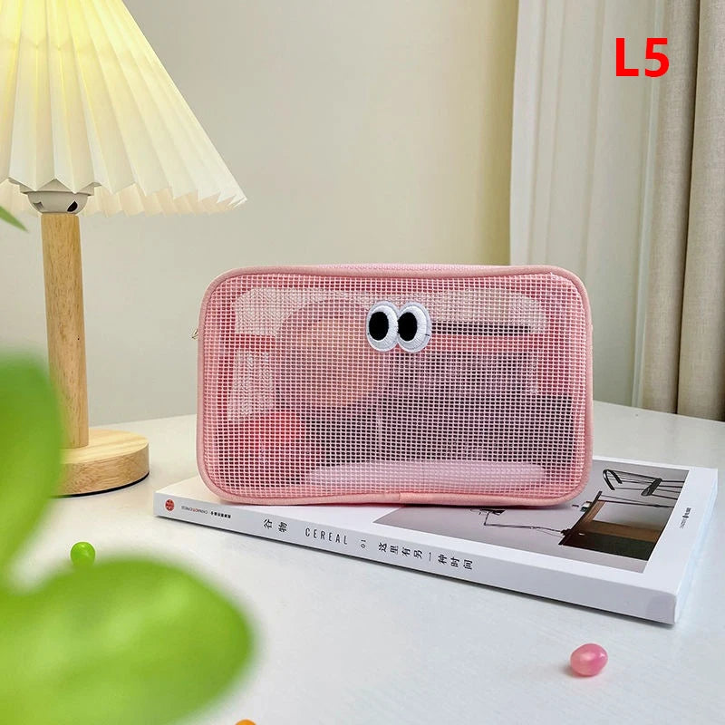 New Candy Color Mesh Cosmetic Bag Cute Big Eyes Make up Case Kawaii Makeup Pouch Makeup Case Portable Toiletry Storage Bag