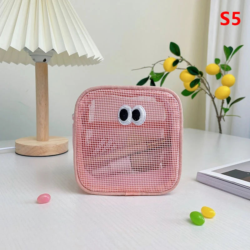 New Candy Color Mesh Cosmetic Bag Cute Big Eyes Make up Case Kawaii Makeup Pouch Makeup Case Portable Toiletry Storage Bag