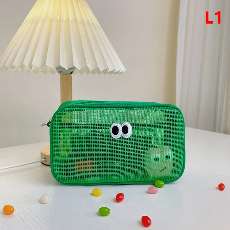 New Candy Color Mesh Cosmetic Bag Cute Big Eyes Make up Case Kawaii Makeup Pouch Makeup Case Portable Toiletry Storage Bag