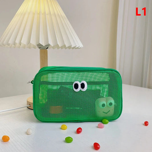 New Candy Color Mesh Cosmetic Bag Cute Big Eyes Make up Case Kawaii Makeup Pouch Makeup Case Portable Toiletry Storage Bag