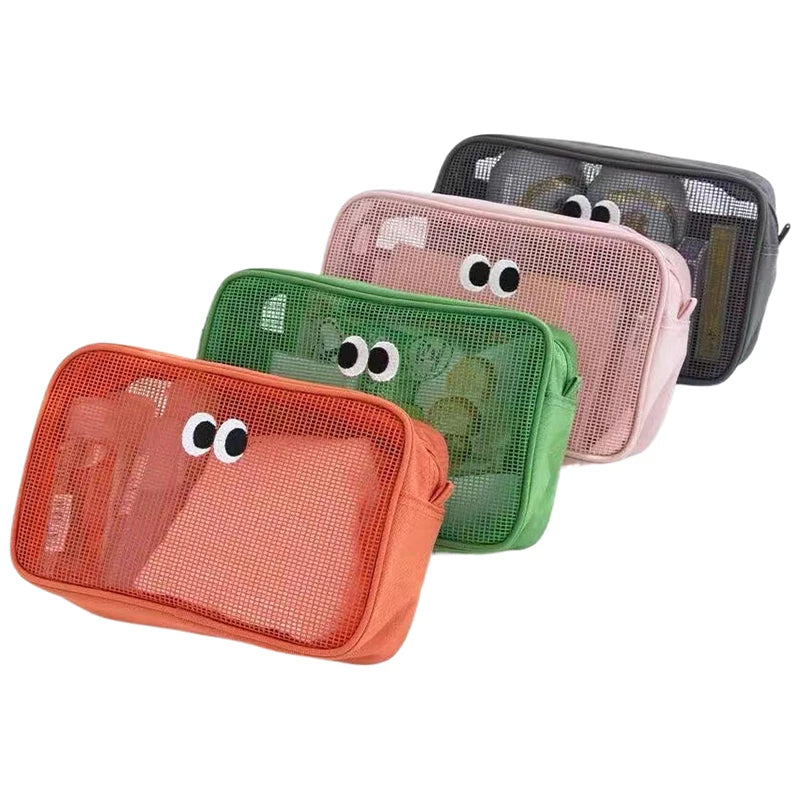 New Candy Color Mesh Cosmetic Bag Cute Big Eyes Make up Case Kawaii Makeup Pouch Makeup Case Portable Toiletry Storage Bag
