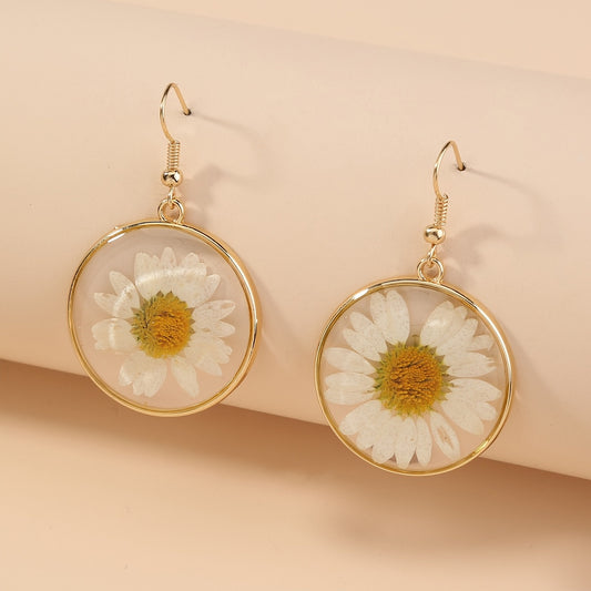 Daisy Flower Resin Drop Earrings - Drop & Dangle Earrings with Pressed Flower Design, Round Circle Hook, Fashion Jewelry for Women, Beautiful Floral Accessories