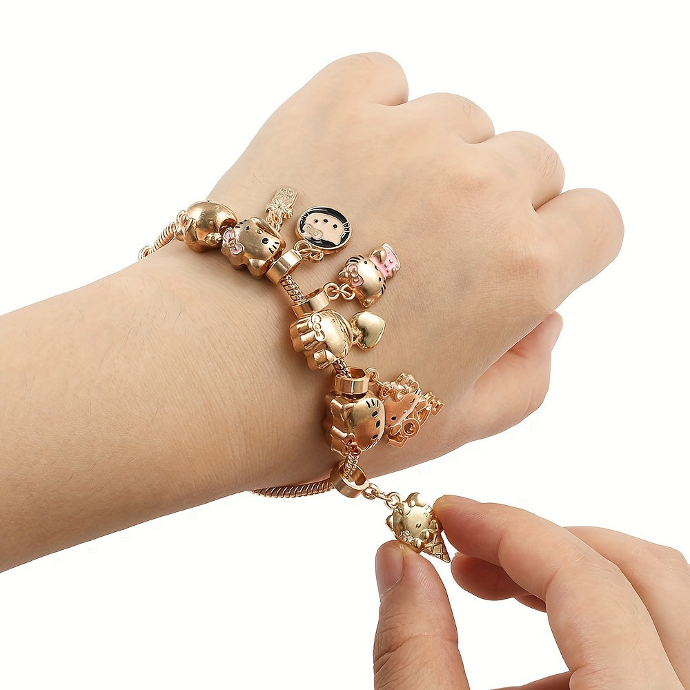 1pc Adorable Golden Hello Kitty Charm Bracelet - Kawaii Sanrio Anime Figure Beads Pendant Hand Chain Fashion Women's Bangle Accessories for Party Favors, Anime Lovers, and Collectors
